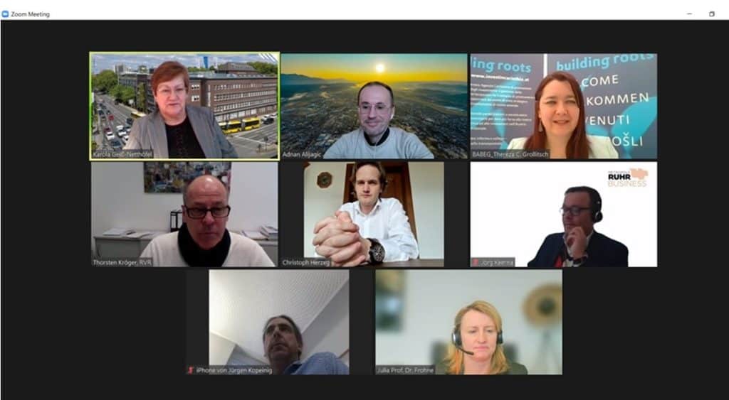 Onlinemeeting mit der europäischen Metropolregion RUHR (Frau Dir. Karola Geiß-Netthöfel, Frau Prof. Dr. Julia Frohne, Hr. Thorsten Kröger und Jörg Kemna) sowie VertreterInnen aus Kärnten (Mag. Dr. Adnan Alijagic, Mag. Christoph Herzeg, Mag. Jürgen Kopeinig und Frau Thereza Grollitsch). © Zentralraum Kärnten+
